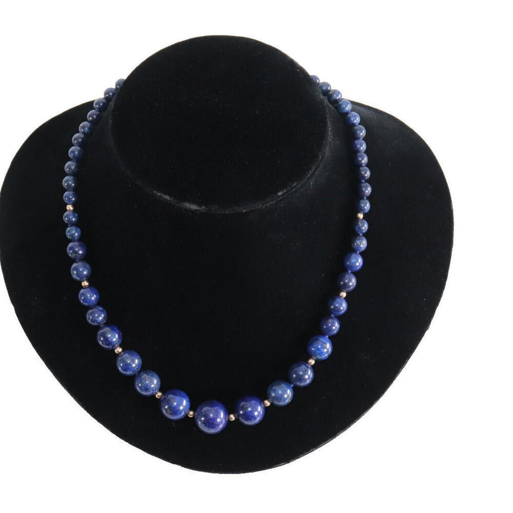 Vintage Lapis Lazuli Bead Necklace 14K Gold Screw Barrel Clasp Blue Gemstone